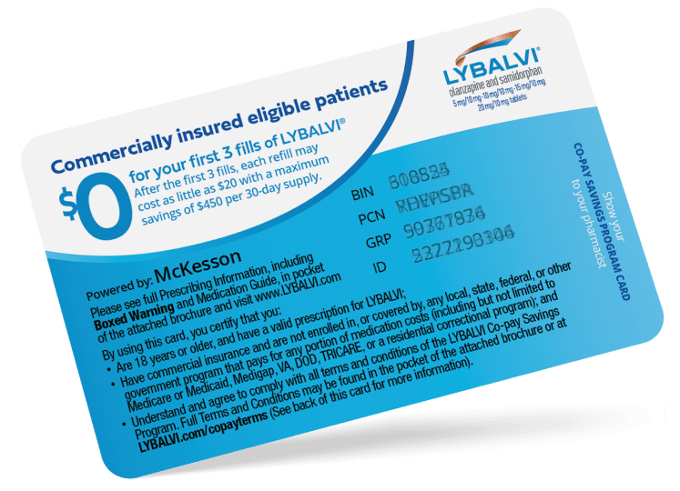 LYBALVI® (olanzapine and samidorphan) Co-pay Savings Program card