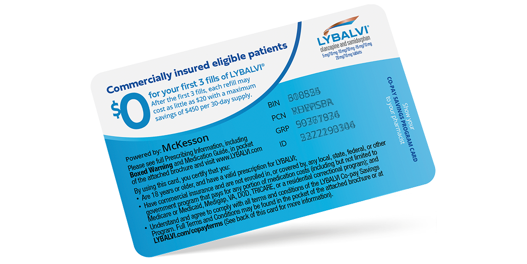 Picture of LYBALVI® (olanzapine and samidorphan) Co-pay Savings Program card