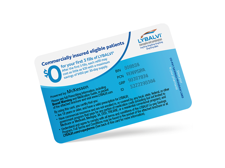 Picture of LYBALVI® (olanzapine and samidorphan) Co-pay Savings Program card